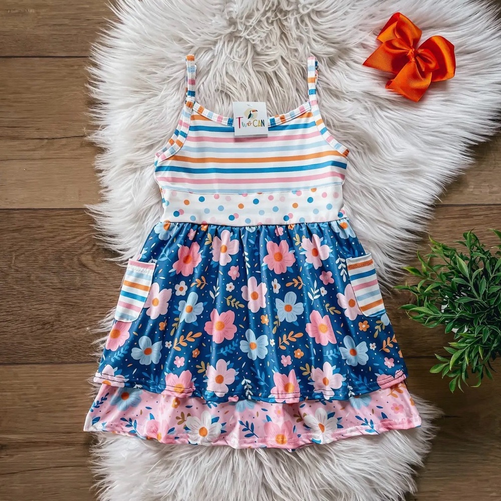 Two Can Girls Floral Striped Tiered Dress